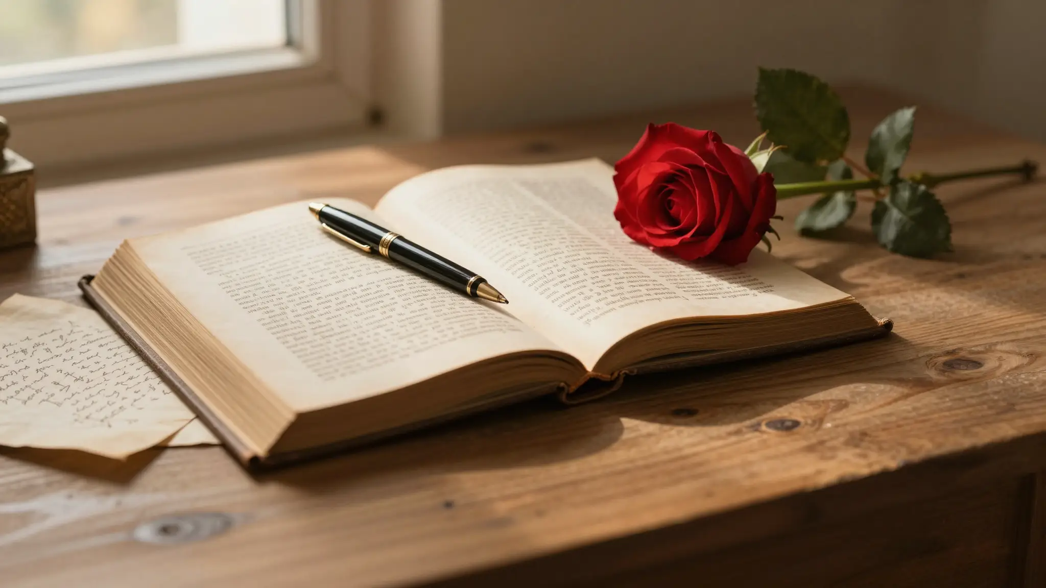 كتابٌ قديمٌ مفتوحٌ ووردةٌ حمراء وقلم حبرٍ في ضوءٍ دافئ يرمز إلى معنى الغرام والحب في الأدب العربي